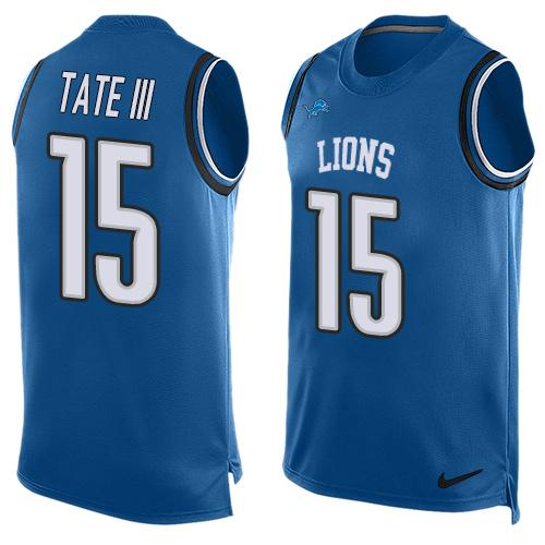 Nike Lions #15 Golden Tate III Blue Team Color Men's Stitched NFL Limited Tank Top Jersey